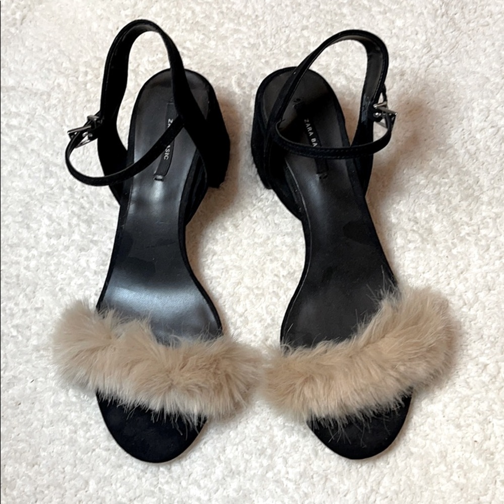 Zara fur trim black sandals, chunky heel sz 40